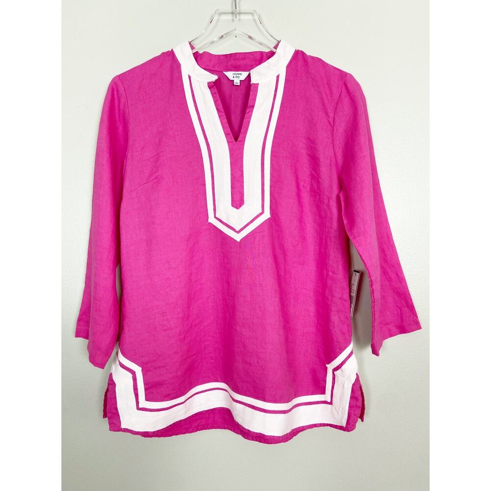 NWT Crown & Ivy Hot Pink White 100% Linen Popover V-Neck Preppy Size Small
